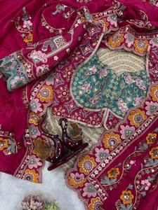 Hand Drawn Embroidered Floral Women Set Traditional Indian <b>Saree</b> <b>Blouse</b> and Dupatta Modest Party Wedding Wear - Product Image 4