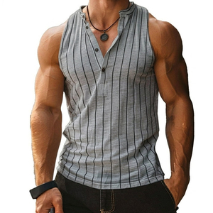 Bulk Men's Breathable Sleeveless Pinstripe Henley Top Custom Made Factory Price Mandarin Collar Summer Muscle Tank Tops For Men - Product Image 1