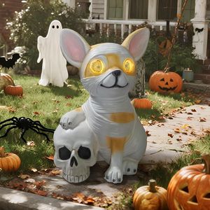 Statue de chien solaire d'extérieur pour Halloween, décorations de jardin, tenant un squelette avec des lumières, décoration d'Halloween haut de gamme - Product Image 1