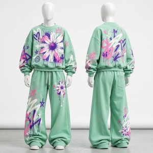 Conjunto de Sudadera y Pantalones Anchos con Estampado Floral y Pedrería para Mujer, Ropa Deportiva de Invierno, Estilo Urbano, Dos Piezas - Product Image 1