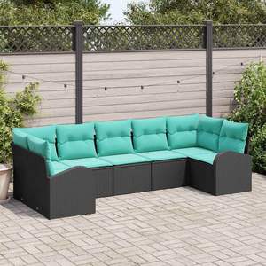 Ensemble de canapés de jardin en polyrotin noir et turquoise, 7 pièces - Product Image 1