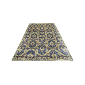 Tapis en laine noué à la main, motif médaillon bleu et or, tapis oriental, résistant aux plis, à poils ras et fins, pour salon moderne - Product Image 3