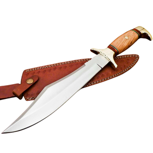 Cuchillo Bowie Hecho a Mano con Hoja Curva de Acero Plateado, Mango de Madera Marrón, Guardacuchillos Dorado y Funda de Cuero, Cuchillos de Caza Personalizados para Exteriores - Product Image 1