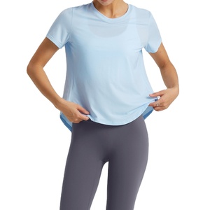 Wholesale Anti-Bacterial Breathable Lightweight Regular Fit <b>Womens</b> Short Sleeve Yoga <b>Tops</b> Spandex/Polyester Workout Quick - Product Image 3