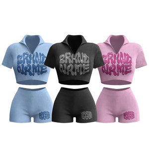 Conjunto de 2 Piezas para Mujer, Top Corto de Punto Acanalado con Estampado Brillante y Pantalones Cortos, Cuello Camisero, Manga Corta, Ropa Urbana, Primavera Verano - Product Image 1