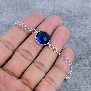 Blue Sapphire <b>Gemstone</b> 925 Sterling Silver Plated Round Shape Bezel Connector <b>Bracelet</b> For Women 7-8'' - Product Image 1