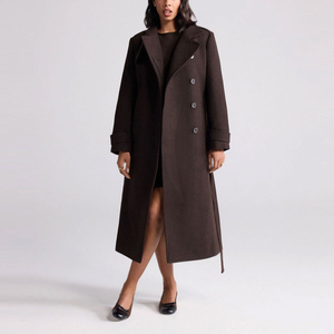 Custom <b>Women's</b> <b>Wool</b> Trench <b>Coat</b> <b>Double</b> <b>Breasted</b> Solid Color Long Length Full Sleeve Notched Collar Elegant Outerwear - Product Image 1