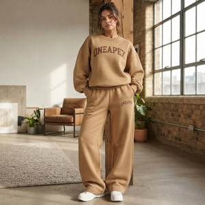 Women's Tan Oversized Tracksuit <b>Set</b> Crewneck Sweatshirt Wide Leg Jogger Pants Casual Streetwear <b>Lounge</b> Sportswear <b>Two</b> <b>Piece</b> - Product Image 2