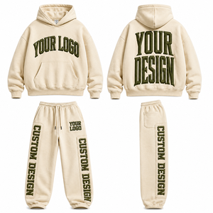 Ensemble de survêtement baggy deux pièces avec logo brodé personnalisé, pantalon de jogging à jambe large avec revers, en molleton brossé, fournisseur en gros - Product Image 1