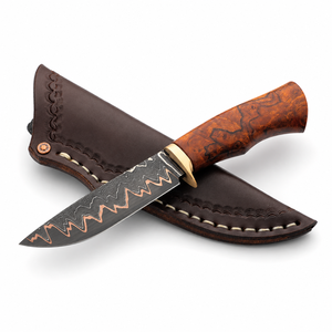 Cuchillo de Caza de Acero Damasco de Cobre Premium con Mango de Madera Burl y Funda de Cuero - Product Image 1