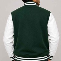 Vestes Varsity Vertes pour Hommes Style Preppy Logo H Brodé Col Revers Coupe Classique Vêtement d'Automne Coton Polyester