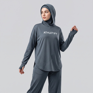 Sudadera con capucha personalizada para mujer, ajuste adaptable, transpirable, para entrenamiento, con capa de hiyab cosida y puños con orificio para el pulgar - Product Image 1