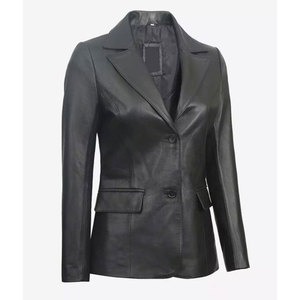Chaqueta Blazer de Cuero Negro de Dos Botones para Mujer - Cuero de Cordero Auténtico, Corte Entallado, Estilo Casual de Negocios, Ropa de Oficina para Damas - Product Image 4