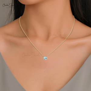 Trending Products Oval Cut 7x5mm Aquamarine & Diamond Halo Necklace 14k Solid Gold <b>Link</b> Chain Necklace Top Wholesale Suppliers - Product Image 5