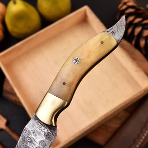 Custom Forged Damascus Steel Chef Fillet Kitchen <b>Knife</b> with Camel <b>Bone</b> <b>Handle</b> and Leather Sheath - Product Image 3