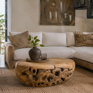 Table basse ARTERRA de luxe en mosaïque de racines de teck, faite à la main, écologique, plateau ovale lisse, base creuse, mobilier de salon de luxe pour complexe hôtelier - Product Image 6