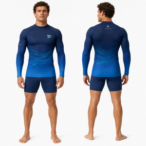 Men's Full Sleeve Rash Guard Blue Raised Rubber Print Breathable Quick Dry 220g Spandex Polyester Adult Swim <b>Shirt</b> - Product Image 3