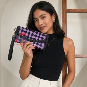 New Handmade Western Purple & Black Checkered Leather Clutch Wallet Cowgirl <b>Wristlet</b> Purse Boutique Fashion Wallet for Women's - Product Image 1