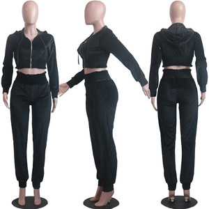 Women Black Velvet Tracksuit Set Hooded <b>Zipper</b> Crop <b>Top</b> Jogger Pants Full Sleeve Casual Autumn Wear Solid Color Breathable - Product Image 3