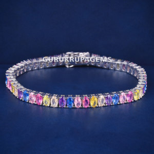 A colorful tennis diamond unisex <b>bracelet</b> custom piece moissanite D vvs diamonds 925 sterling <b>silver</b> Oval cut colorful diamonds - Product Image 2