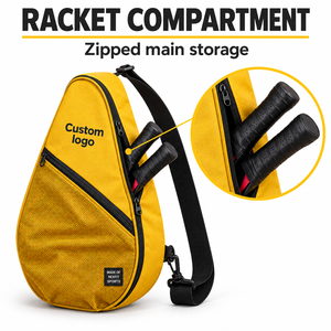 Sac de raquette de squash personnalisé jaune moutarde, forme goutte d'eau, poche avant en maille, bandoulière réglable pour le transport quotidien sur le terrain - Product Image 6