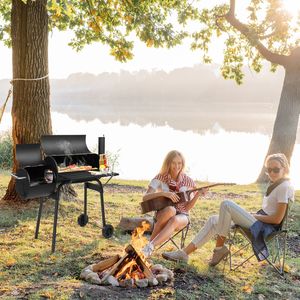 Grill a carbonella interamente in metallo per esterni con affumicatore offset e tavolino laterale con ruote per patio e giardini - Product Image 4
