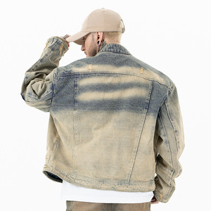 Streetwear Custom Retro Gradient Fade <b>Covered</b> <b>Button</b> Breathable Eco-Friendly Patchwork Linen Cotton Denim Oversized Color Jacket - Product Image 2