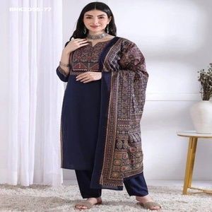 New Arrival Rayon Slub with Printed-Yoke Design & 3/4 Sleeve Straight Kurti-Elastic Pant-Chanderi Dupatta Set Indian Exporter - Product Image 1