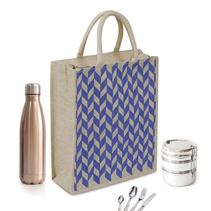 Wholesale Eco-Friendly Canvas Jute Tote <b>Bag</b> with <b>Long</b> Bamboo Handles Custom Logo Laminated Striped Pattern Reusable Shopping Car - Product Image 1