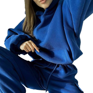 Women's Blue Hooded Tracksuit Full Sleeve Solid Design Casual Loose Fit <b>Sweatshirt</b> And Pants Set With Side Pockets - Product Image 6