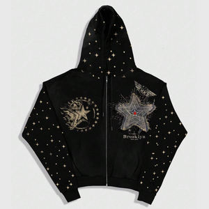 Sudadera con capucha de manga larga con cremallera y hombros caídos, con estampado de estrellas y piedras, personalizada, informal, para hombre, de moda - Product Image 3