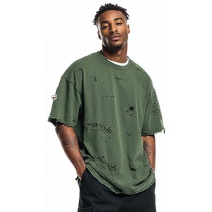 Camiseta Deportiva de Algodón Verde Desgastado con Logotipo Personalizado para Hombre, Cuello Redondo, Manga Corta, Estilo Urbano, Color Sólido, Aspecto Lavado - Product Image 1