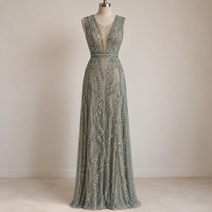 Robe de soirée vintage longue en satin vert, ornée de perles et de sequins, coupe trapèze à taille naturelle, sans manches, col en V, brodée, pour mariage - Product Image 2