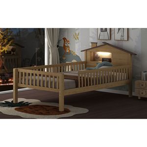Letto a piattaforma in legno per bambini, misura Twin, con testiera a LED a forma di casetta e contenitore integrato, colore naturale - Product Image 4