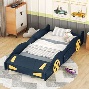 Letto a piattaforma a forma di auto da corsa blu scuro e giallo, singolo, con ruote e contenitore, per bambini - Product Image 2