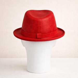 Premium Quality custom Handmade <b>Red</b> Leather Fedora <b>Hat</b> Vintage Trilby <b>Hat</b> Bold Statement Cap - Product Image 2