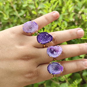 Natural Purple Druzy Agate Raw Gemstone <b>Adjustable</b> <b>Rings</b> Vintage Style Model 18k Gold Plated Brass Women Fashion Jewelry - Product Image 6