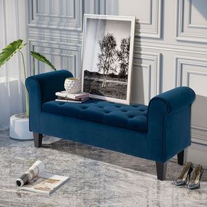 Panca contenitore imbottita in velluto blu con braccioli arrotolati e capitonné, ideale per casa, ufficio, ingresso, appartamento, ospedale - Product Image 2