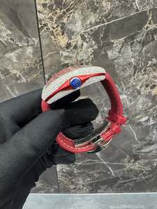 Diamond Inlaid Mechanical <b>Watch</b> 28mm Tonneau Dial Analog Red <b>Rubber</b> Strap Luminous Pointer Style for Men - Product Image 4
