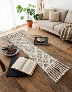 Chemin de table en coton macramé blanc fait main, taille personnalisée 14 x 78 pouces, style bohème, design noué moderne, pour la décoration de la maison - Product Image 3