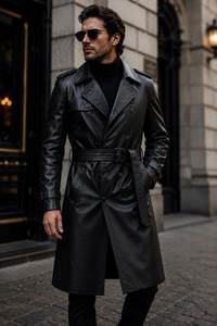 Manteau long en cuir véritable pour homme, col à revers, double boutonnage, avec ceinture et poches, coupe classique - Product Image 5