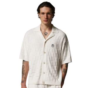 Men Checkerboard Knitted <b>Shirt</b> Short <b>Sleeve</b> Button Down Casual Summer Knitwear Top <b>White</b> OEM Wholesale Supply - Product Image 1