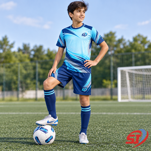 Ensemble de football personnalisé pour enfants, maillot et short Arctic Wave, sublimé, col en V, sans manches, séchage rapide, respirant, uniforme pour jeunes, 100% polyester - Product Image 4