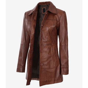 Premium Women's Genuine Sheepskin <b>Leather</b> <b>Blazer</b> <b>Jacket</b> Vintage Brown Mid-Length Soft <b>Leather</b> Trench Coat Outerwear - Product Image 1