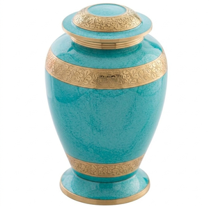 Urnes funéraires pour adultes en laiton fini marbre aqua/turquoise, durables, avec bandes décoratives dorées, pour cendres humaines. - Product Image 1
