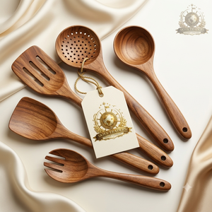 Teak <b>Wood</b> Cooking Utensils <b>Set</b> Skimmer Slotted Spatula Spoon Ladle Long Handle Nonstick <b>Kitchen</b> Tool <b>Set</b> - Product Image 3