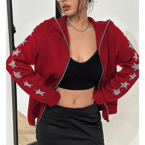 Sweat-shirts à capuche pour femmes de haute qualité, en molleton de coton épais, avec fermeture éclair, strass étoiles, imprimé graphique, grande taille - Product Image 5
