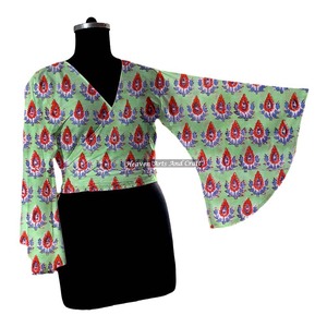 Adorable Blusa Vintage de Algodón con Estampado de Bloques para Mujer, con Cuello Cruzado y Manga Larga, para Fiestas, Casual, Verano - Product Image 5