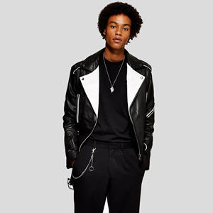 Blouson de motard personnalisé pour homme en cuir véritable noir avec revers contrastants blancs, manteau de moto coupe ajustée en peau de mouton souple bicolore - Product Image 4
