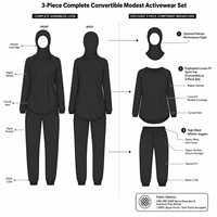 Ensemble de sport modeste 3 pièces avec pantalon de jogging taille haute 260 GSM, haut raglan et hijab – Personnalisation OEM, Vente en gros